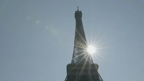 Eiffel Tower Paris, Tilt Down. Iconic Landmark Without Tourists and People Stock Footage 129309692