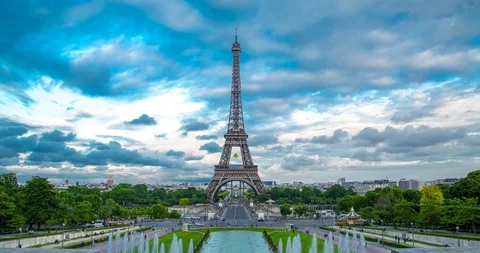 Eiffel Tower, Paris Timelapse - Fast motion of Clouds and People Stock Footage 119320704