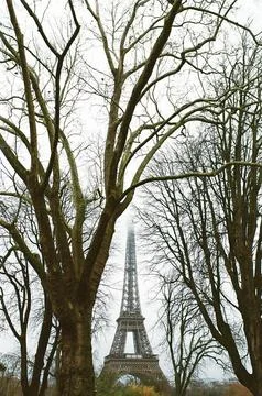 The Eiffel Tower partially covered on a cloudy day, on film. Foto stock
