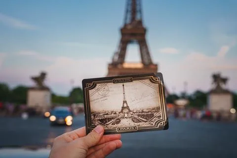 Eiffel Tower Past and Present at Dusk Stock Photos