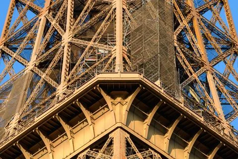 Eiffel Tower platform with scaffolding in sunlight Stock Photos