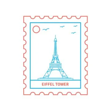 EIFFEL TOWER postage stamp Blue and red Line Style, vector illustration Stock Illustration