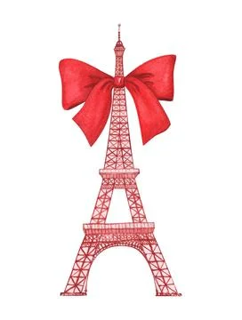 Eiffel tower with red bow isolated on white Stock Illustration