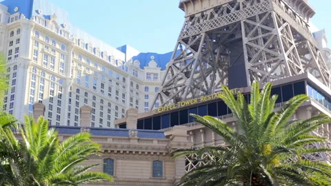 Eiffel tower restaurant facade of the Paris Las Vegas hotel and casino Stock Footage 237427169