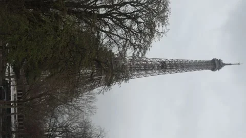 Eiffel Tower rising through trees in a cloudy Parisian scene Stock Footage 310369338