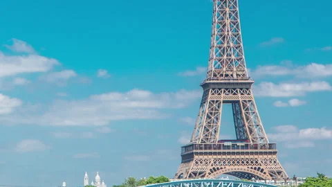 Eiffel tower at the river Seine timelapse from bridge in Paris, France Stock Footage 236493079