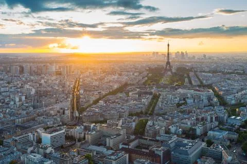 Eiffel Tower rooftop view with at sunset in Paris, France Stock Photos