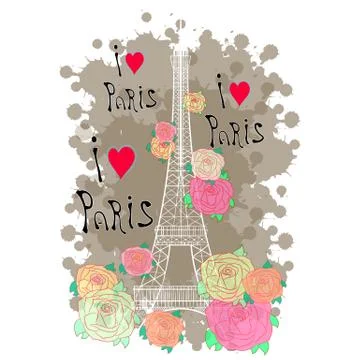 The Eiffel tower with roses. vector illustration. Stock Illustration