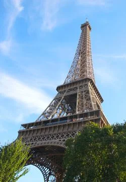 Eiffel tower seen from below with trees and the blue sky in the background Stock Photos