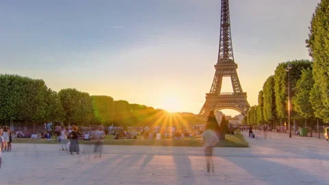 Eiffel Tower seen from Champ de Mars at sunset timelapse, Paris, France Stock Footage 236496914