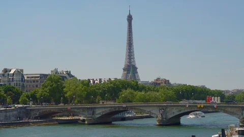 The Eiffel tower seen from the Pont (bridge) Alexandre III Stock Footage 112033384