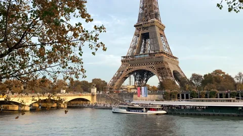 Eiffel Tower seen from the Port Debilly on an Autumn day in Paris, France Stock Footage 221865098
