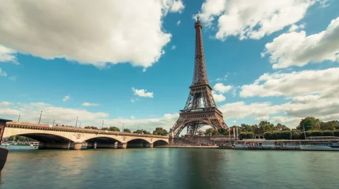 Eiffel Tower by The Seine River & Boats 2, Paris, Time Lapse Stock Footage