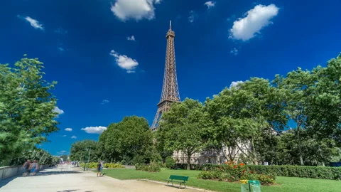 Eiffel Tower from Siene river waterfront in Paris timelapse hyperlapse, France Stock Footage 93035649