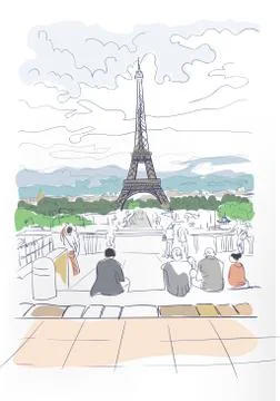 Eiffel Tower sketch vector art watercolor card Stock Illustration