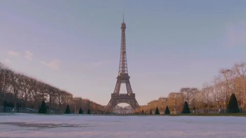Eiffel Tower SNOW in Front on Champs de Mars Wide Shot Stock Footage 271598522