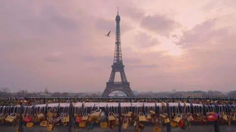 Eiffel Tower Snow Wide Front Shot locks In Foreground Change Focus Stock Footage 271599024