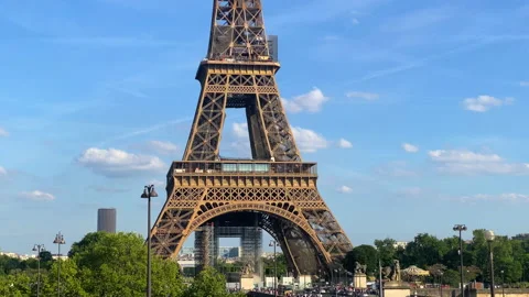Eiffel Tower on a spring day with blue sky in Paris, France Stock Footage 200182403