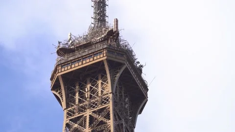 Eiffel Tower Summit Against Blue Sky, Iconic Paris Landmark Stock Footage 224415879