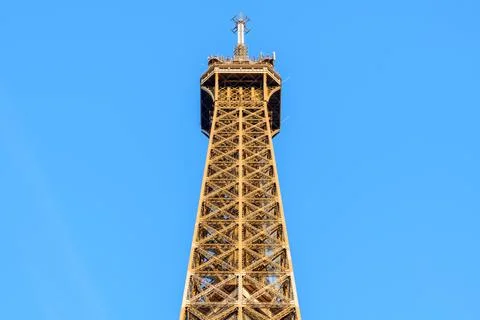 Eiffel Tower summit against clear blue sky 스톡 사진