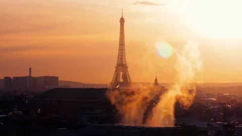 Eiffel Tower in sunset - high ground view, France, Paris Stock Footage 99318132