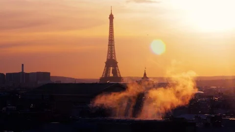Eiffel Tower in sunset - high ground view, France, Paris Stock Footage 99318308