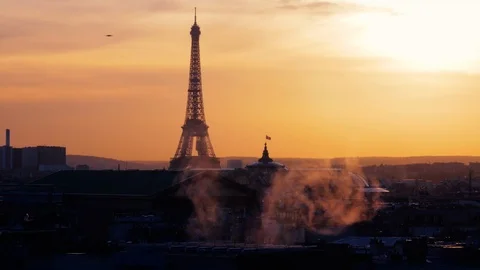 Eiffel Tower in sunset - high ground view, France, Paris Stock Footage 99318409