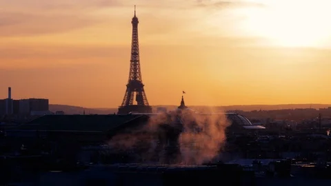 Eiffel Tower in sunset - high ground view, France, Paris Stock Footage 99318570