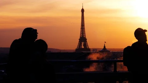 Eiffel Tower in sunset - high ground view, France, Paris Stock Footage 99318952