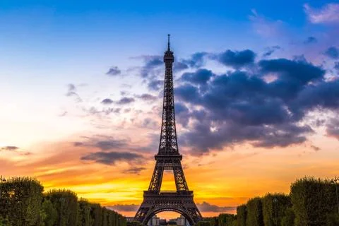 Eiffel Tower at sunset in Paris Stock Photos