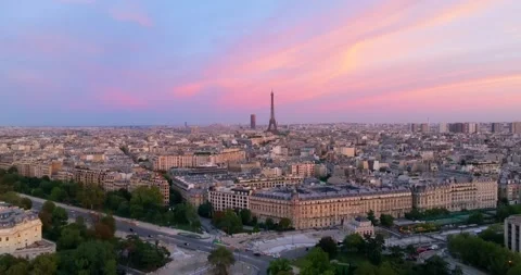 Eiffel Tower at Sunset Rising Drone Video in Paris France Cityscape Aerial 4k Stock Footage 282129660