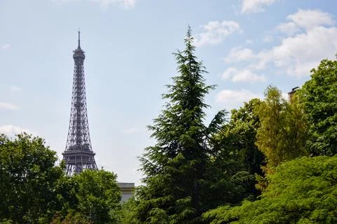 Eiffel Tower surrounded by trees and greenery in Paris Stock Photos