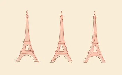 Eiffel tower three variations linear art style peach Stock Illustration