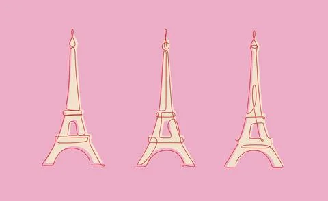 Eiffel tower three variations linear art style pink Stock Illustration