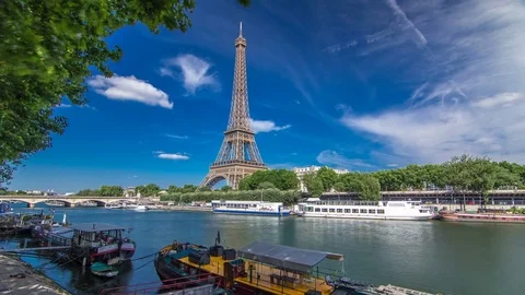 The Eiffel tower timelapse hyperlapse from embankment at the river Seine in Stock Footage 80458981