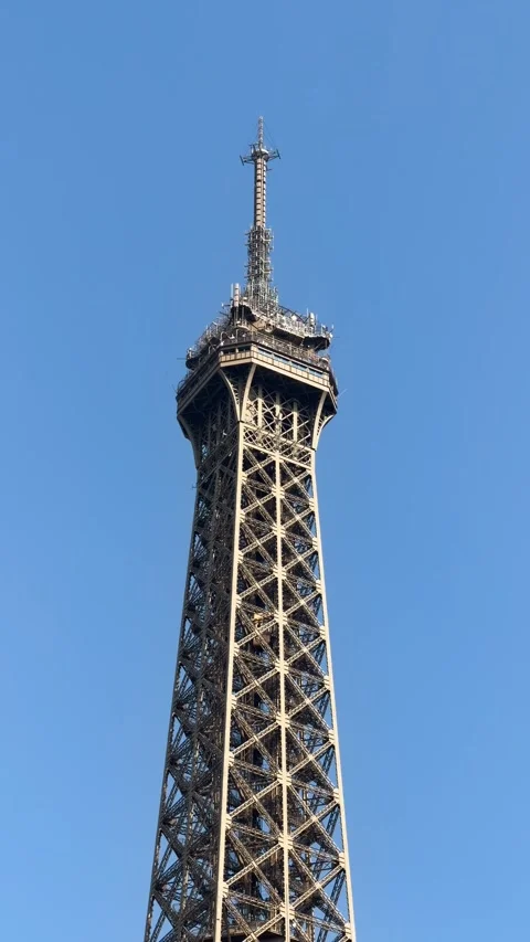 Eiffel Tower Top Close Up with Clear Blue Sky in Paris, Iconic French Landmark Stock Footage 340287853