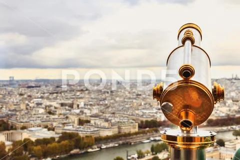 Eiffel Tower tourist telescope overlooking for Paris Stock Photos