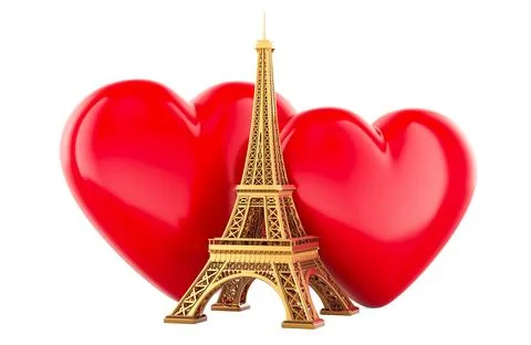 The Eiffel Tower with two red hearts. Wedding travel, honeymoon in Paris, c.. Ilustración de archivo