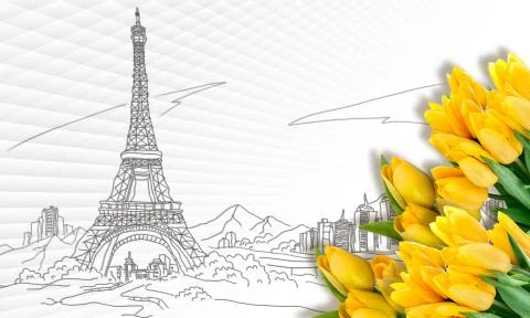 The Eiffel Tower vector and yellow tulips on white abstract background Stock Illustration