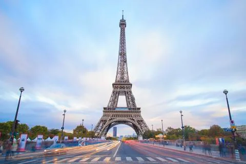 Eiffel tower view during the twilight, long exposure image with cloud and lig Stock Photos