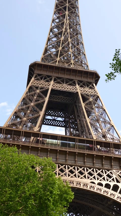 Eiffel Tower view in Paris with blue sky and trees on summer day Stock Footage 314979954