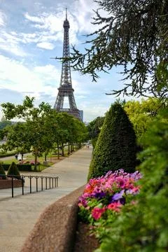 Eiffel Tower view from park with garden path in Paris Stock Photos