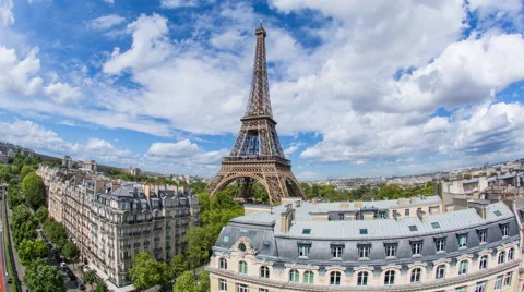 Eiffel Tower, viewed over rooftops, Paris, France, Europe - Time lapse Stock Footage 54131428
