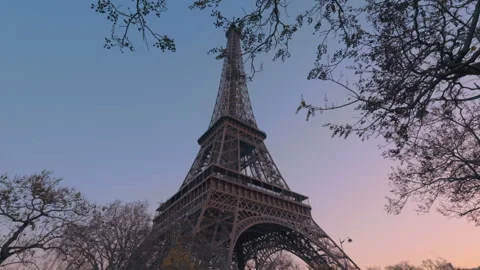 Eiffel Tower Wide 3/4 High Bottom Angle Shot ,Bright Evening ,Trees In Front Stock Footage 271602629