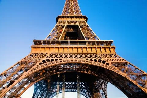 Eiffel tower at wide angle. middle section blue sunny sky. paris, france Stock Photos