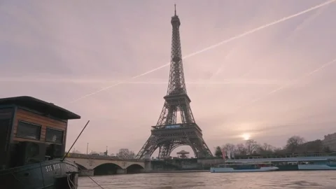 Eiffel Tower Wide Pan shot Seine River Boat Passing by Stock Footage 271598660