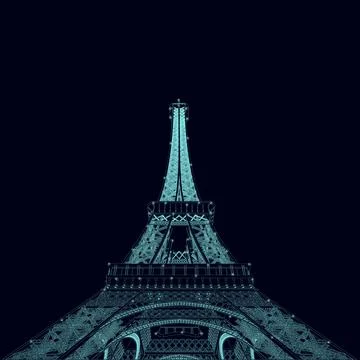 Eiffel Tower wireframe with glowing lights from blue lines isolated on dark Illustrazione stock