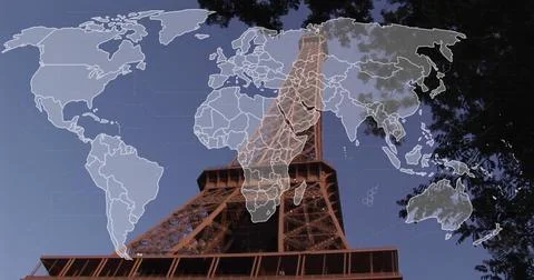 Eiffel Tower with world map overlay, symbolizing global travel and connection Stock Photos