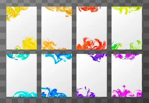 Eight a4 blank sheets with abstract paint splashes on transparent background Stock Illustration