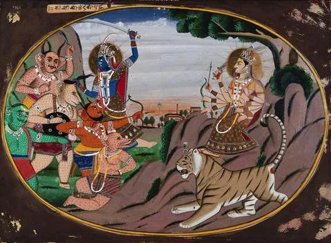 An eight-armed goddess (Durga ?) standing on a tiger's head faces a group o.. Stock Illustration